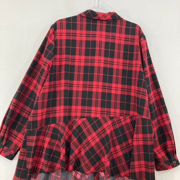 Susan Graver Top size 2X Red Black Plaid Preppy Asymmetric Hem Button Down - Picture 8 of 9